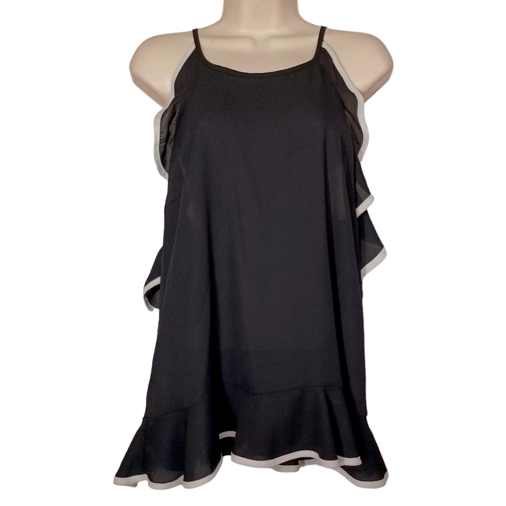 SOCIETY GIRL Cold Shoulder Ruffle Sleeve White Black Top Large